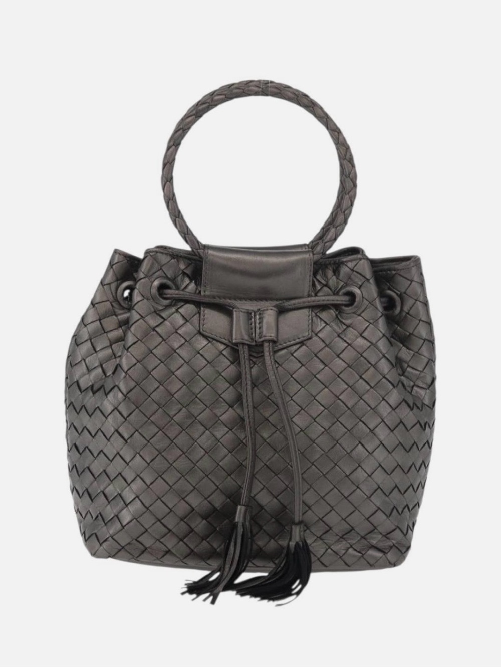 Bottega Veneta Intrecciato Woven Metallic Grey Drawstring Satchel - Black